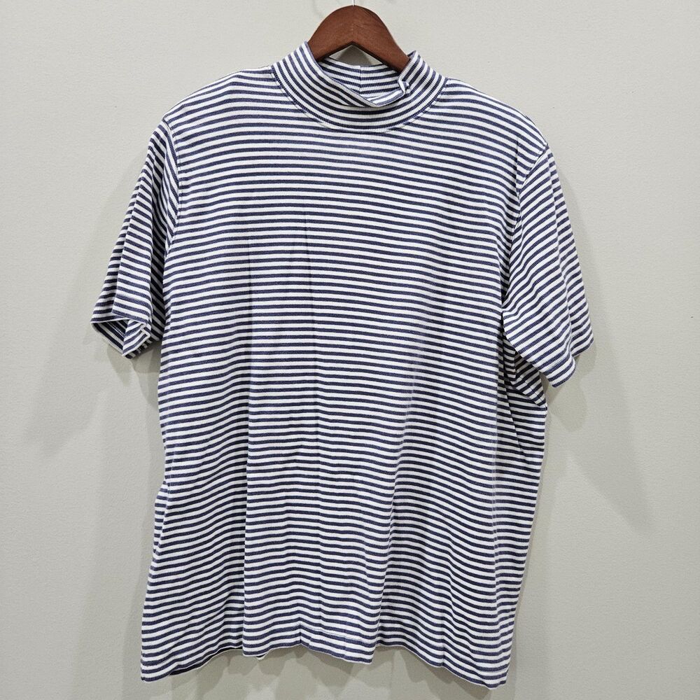 E Wear Womens Striped Mock Neck T-Shirt Plus Sze 2X Blue White Nautical Parisian